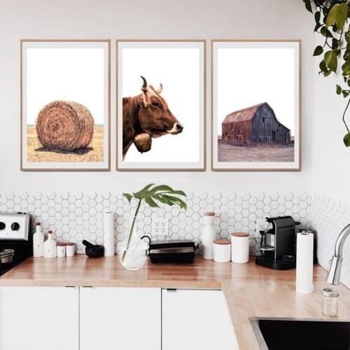 Haystack Red Barn Farm Cow Farming Wall Art Canvas Painting Color Farm Posters and Prints Pictures Rustic Home Decor Unframed