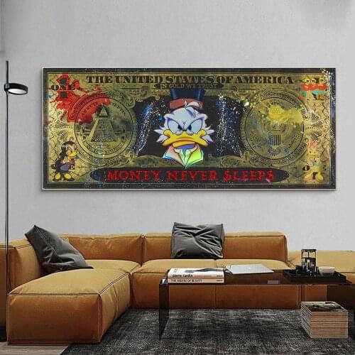 Disney Cartoon Wall Posters And Prints on Canvas Painting Wall Art Donald Duck Mickey Mouse, Mona Lisa Money Never Sleep Picture