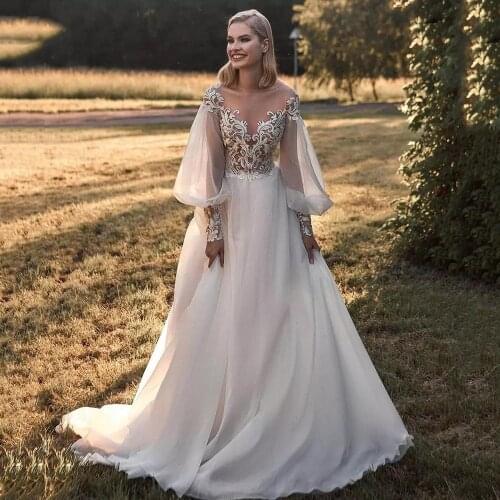 Long Sleeves Illusion V-Neck Lace Wedding Dress Beach Chiffon Open Back Plus Size Princess Maxi Long Bridal Gown Custom Made