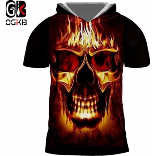 OGKB New Summer Tops Men/women Cool Print Flame Skull 3D Hooded Tshirt Hat T-shirts Man Hiphop Short Sleeve Pullover Coats 7xl