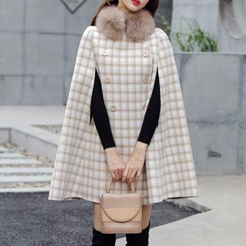 Autumn Winter Woolen Cloth Shawl Plaid Cape Poncho Double Breasted Women Mid-length Korean Sleeveless Ladies Cape Coats