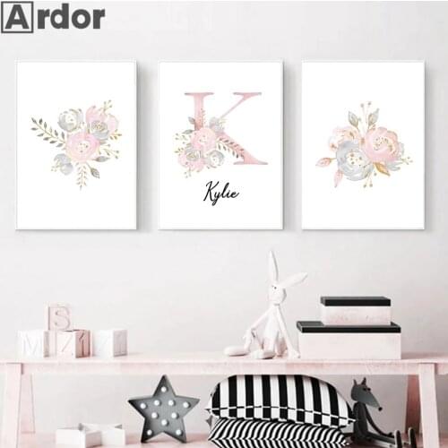 Personalized Girl Custom Name Canvas Poster Pink Flower Rabbit Print Nursery Wall Art Painting Nordic Picture Girls Room Decor