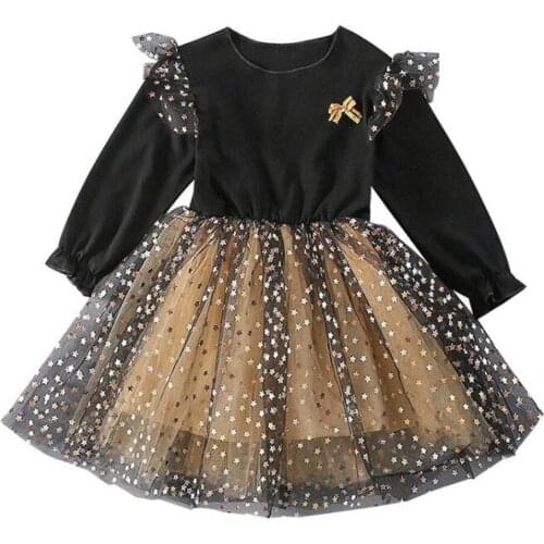 Girls Full Sleeve Dress Spring Autumn Star Sequined Mesh Patchwork Princess Costume Christmas Kids Clothes High Quality