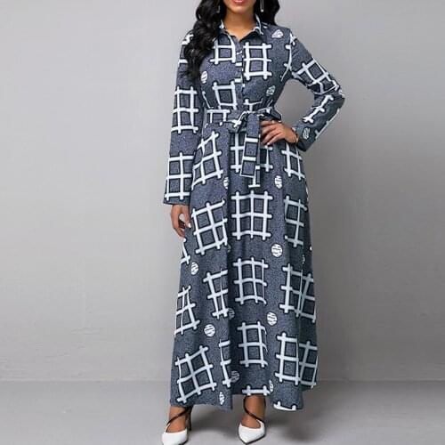 MISSJOY Plus Size 5XL Women Vintage Print Shirt Dress Autumn Long Sleeve Lapel Collar A Line Casual Belt Maxi Dress with Pocket