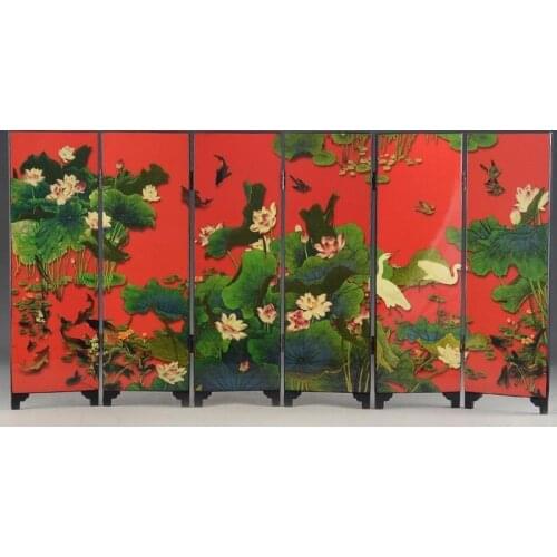 Details about Beautiful Chinese Lacquer Handwork Old Crane Lotus Painting Screen Decor