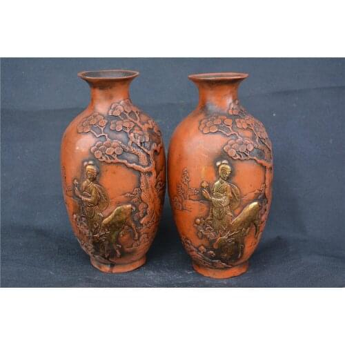 Rare Old Qing Dynasty(1748--1788) copper VASE,A PAIR,Lady&Deer,Carved ,with carving&mark, free shipping