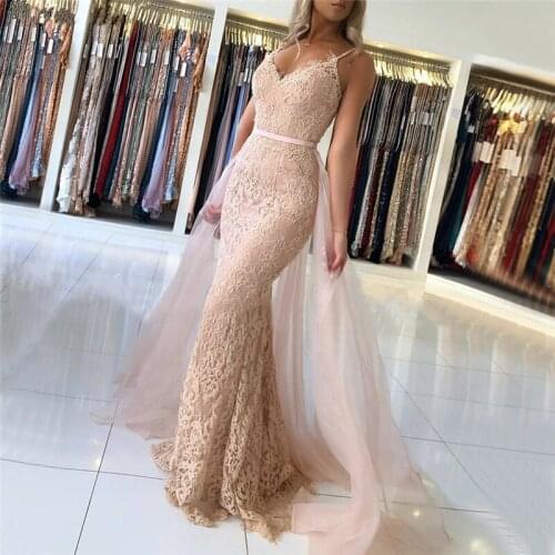 Sexy Lace Mermaid Evening Dress Spaghetti Strap Beaded Evening Dresses Long Detachable Skirt Sashes Formal Dress Evening Gown