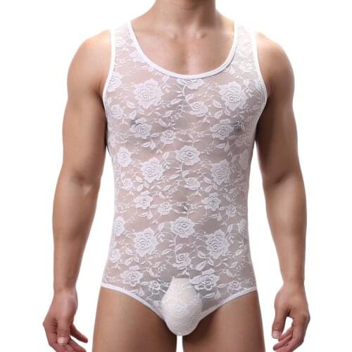 Mesh Lace Undershirts Leotard Sexy Men Transparent Bodysuit Thongs Wrestling Singlet Jumpsuit Seamless Ultra-thin Gay Underwear
