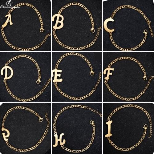 Shuangshuo Gold Stainless Steel Charm Bracelet Initial Letter Bracelets for Women Men Personality Name Jewelry Pulseras Mujer