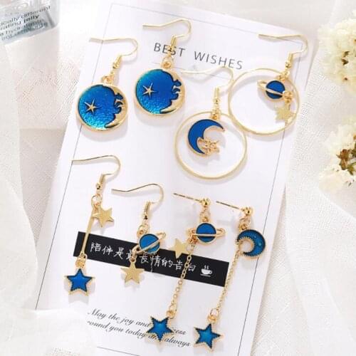 Blue Space Universe Planet Moon Star Dangle Earrings Asymmetrical Long Circle Drop Earrings for Girl Women Party Jewelry Gift