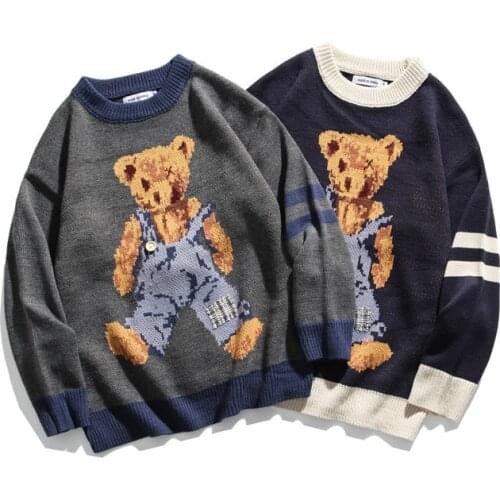 Bear Harajuku Retro Fashion Ins Sweater Mens Couple Hong Kong Flavor BF Cartoon Autumn and Winter Sweater Mens Clothing