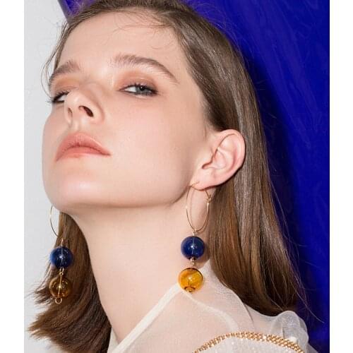 Unique Original Design Gold Tone Colorful Double Glass Balls Hoop Earrings For Women 2018 Dreamlike Bubble Long Earrings