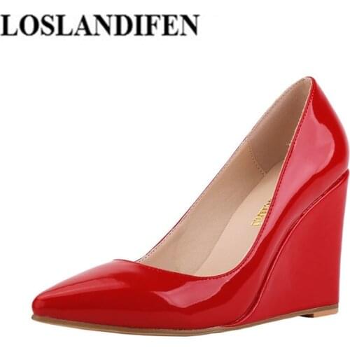 LOSLANDIFEN Wholesales Wedged Pointed Toe High Heels Shoes Women Pumps Summer Spring Shoes Drop Shipping Femme Chaussure 046QP