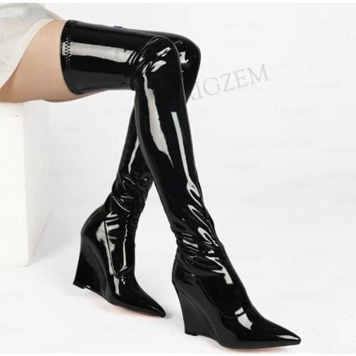 LAIGZEM Women Over Knee High Boots Stretchy Pointed Toe 10CM Wedges Female Ladies Botas Mujer Shoes Woman Large Size 41 42 43