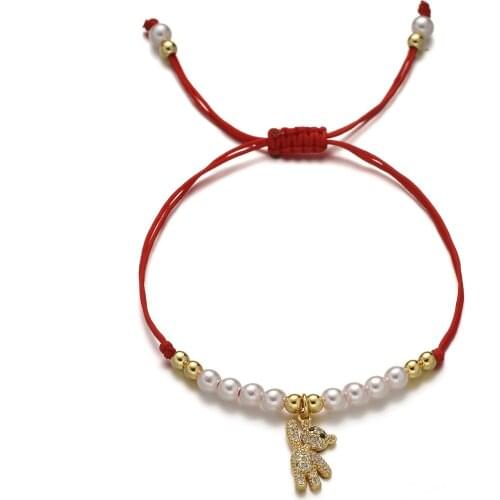2021 Cute Little Bear Charm Bracelet Women Adjustable Lovely Handmade Weave Imitation Pearl Rope Bracelet For Women Jewelry Gift
