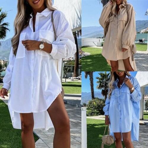 Womens Fashion Pocket White Top Autumn New Lapel Front Short Back Long Lapel Long Sleeve Long Shirt Women Office Cotton Top