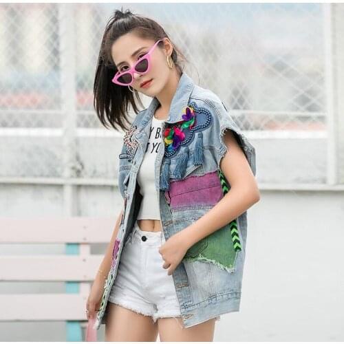 Womens Fashion Design Denim Vest Oversized Sequins Frayed Sleeveless Jeans Ripped Tassels Jacket Hiphop Waistcoat Outerwear