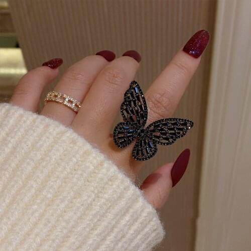 New design fashion jewelry copper inlaid black zircon exaggerated butterfly ring elegant womens opening adjustable prom ring