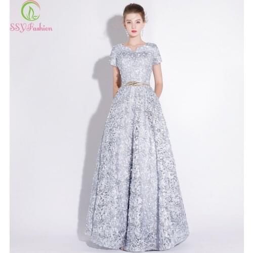 SSYFashion Banquet Elegant Evening Dress Simple Grey Lace Floor-length Formal Dresses with Belt Custom Party Gown Robe De Soiree