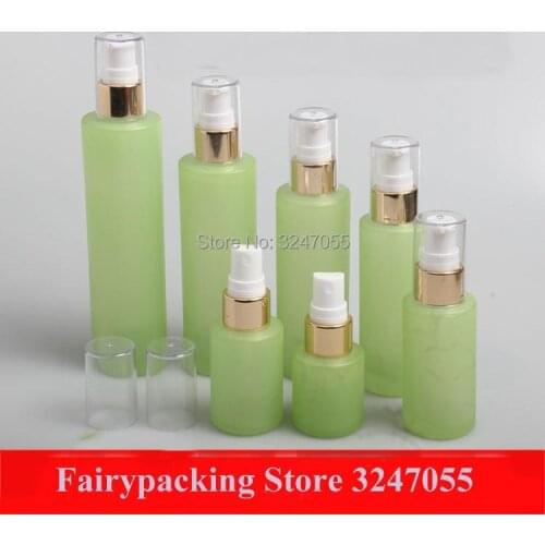 120ml100ml80ml60ml40ml30ml Empty Glass Matte Green Cosmetic Lotion Pump/Emulsion/Spray Nozzle Bottle, Frosted Green Perfume Tube
