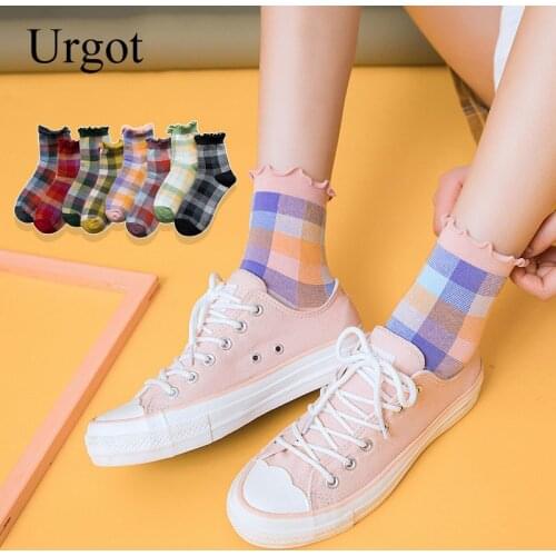 Urgot 5 Pairs New Products Spring Summer New Japanese Loose Mouth Cotton Womens Socks With Wooden Ears Plaid Ladies Short Socks