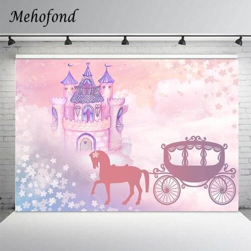 Mehofond Princess Castle Carriage Photo Background Pink Flower Petal Clouds Girl Birthday Party Photography Backdrop Photophone