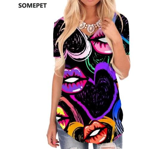 SOMEPET Lips T-shirt women Graffiti T-shirts 3d Colorful Funny T shirts Love V-neck Tshirt Womens Clothing Hip hop Printed
