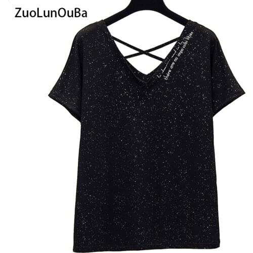 ZuoLunOuBa Summer Casual Sexy V-neck Women T Shirt Print Letters Harajuku Fashion Tees Short Sleeve Loose M-4XL Tops Female