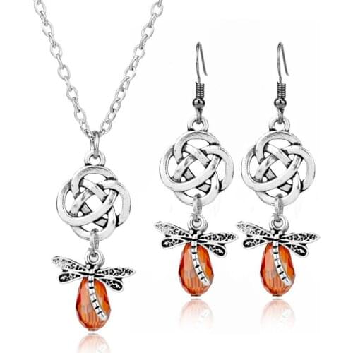 HANCHANG Outlander Jewelry Set Necklace with Earrings for Woman Accessories Crystal Dragonfly Pendants Necklaces Ear Stud