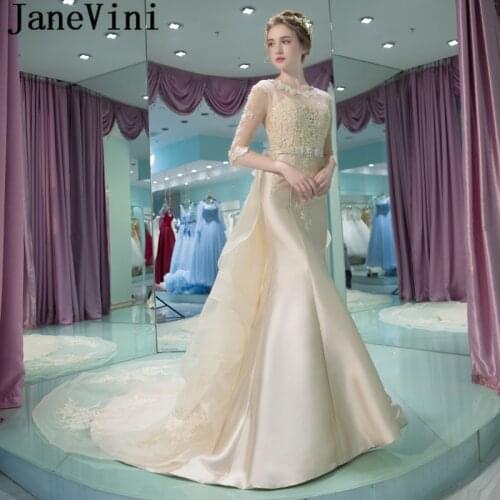 JaneVini Arabic Beaded Prom Dresses with Detachable Train Long Light Champagne Lace Appliques Mermaid Plus Size Evening Gowns