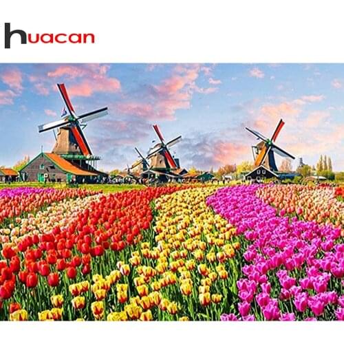 Huacan 5d Diamond Painting Tulip Flower Full Square/round Mosaic Windmill Scenery Embroidery Landscape Home Decor