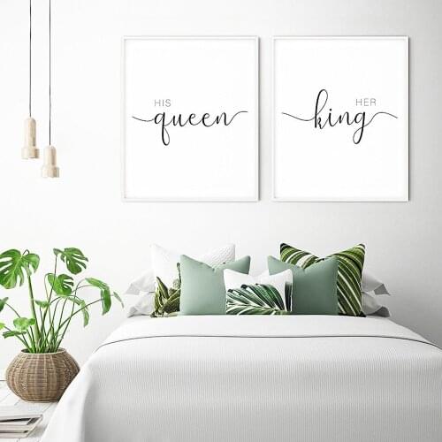 Canvas Painting His Queen Her King Quote Posters and Prints Bedroom Melanin Wall Art Black White Beauty Home Decoration No Frame
