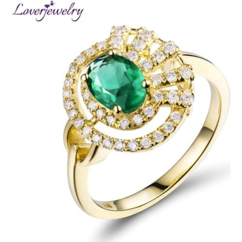 LOVERJEWELRY Natural Diamond Emerald Ring Oval 5x7mm In Solid 18Kt Yellow Gold, Real Gemstone Fine Jewelry For Sale WU317