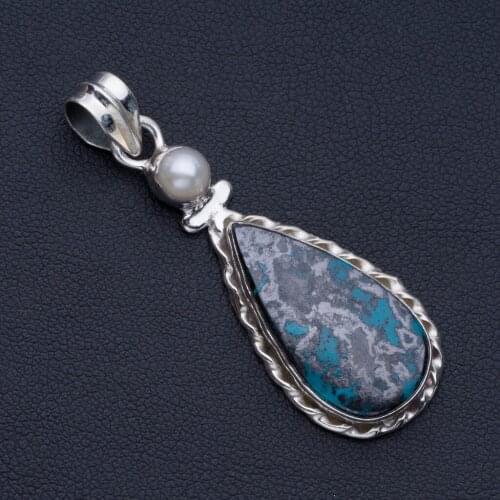 Natural Chrysocolla and River Pearl Punk Style 925 Sterling Silver Pendant 2" P0775