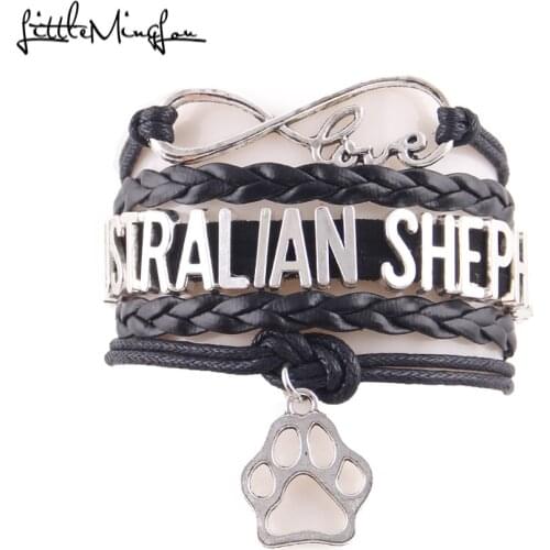 Little Minglou Infinity love AUSTRALIAN SHEPHERD bracelet dog paw charm leather wrap bracelets & bangles for women jewelry