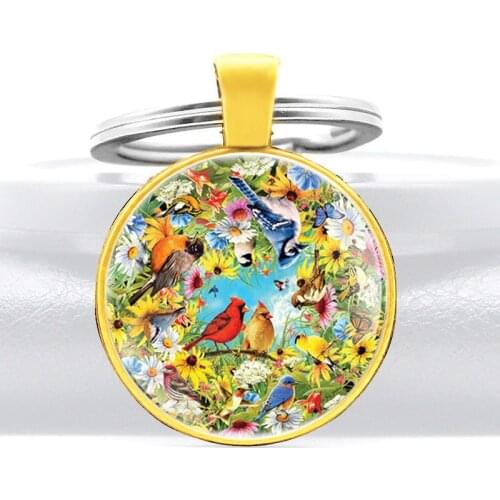 Cute Casual Birds and flowers Design Glass Dome Key Chain Charm Men Women Jewelry Key Rings