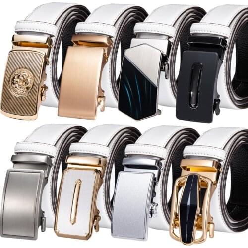Fashion White Real Leather Mens Belts Automatic Buckles Men Belt Ratchet Waistband Straps for Dress Suit Sliding Wedding Italian