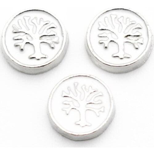 Newest 10pcs/lot Metal Enamel Round Lift Tree Silver Floating Charms For Living Glass Memory Lockets Necklace DIY Jewelry
