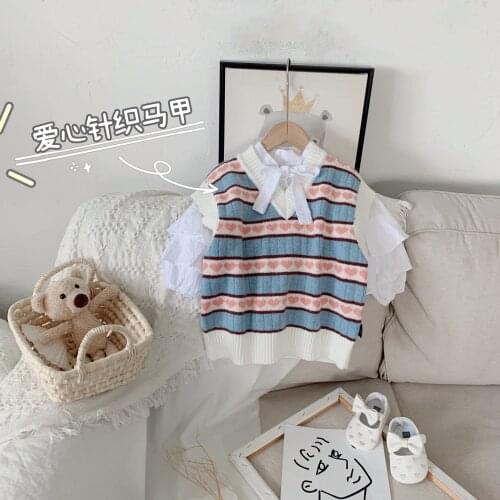 2021 Autumn New Childrens Knitted Sweater Girls Striped Vest Vest Baby Foreign Style V-Neck Top Foreign Trade