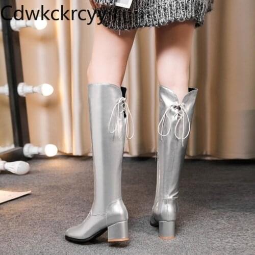 Winter The New fashion Round head Thick heel Knight boots Gold Silver Sexy Plus velvet Keep warm High heel Women boots 34-45