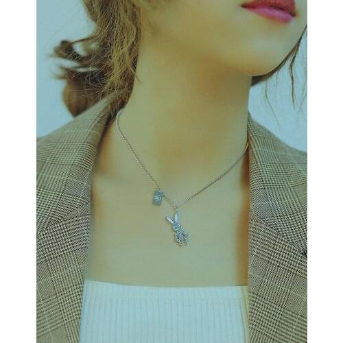 316L Stainless Steel Smiling Rabbit Engraved Letters Pendant Necklace Titanium Choker Collares Necklace for Women Girls Collier