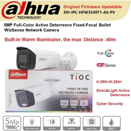 Dahua IP Camera 5MP IPC-HFW3549T1-AS-PV Fixed-Focal Bullet WizSense Network Buil-in Mic&Speaker PoE Onvif Protect IP67 Colorful
