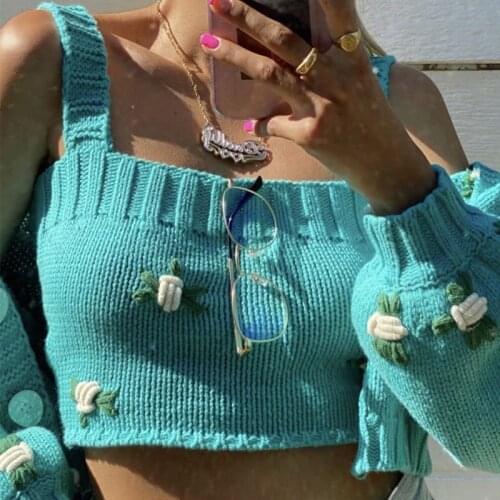 Temperament Flower Embroidered Knitted Cardigan Women High Waist Short Sweater Jacket Female Plus Vest Female DLDD756