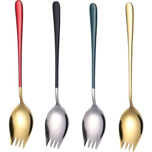2Pcs 2 in 1 Fork Spoon Multi-function Camping Tableware Stainless Steel Cutlery Salad Spoons Unique Spoons Gold Dessert Spoon