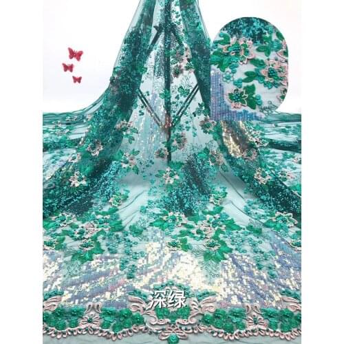 High Quality Tulle Lace Teal Color African Lace Fabric With Sequins Beads African French Wedding Lace Fabric For 5yards FJ3269