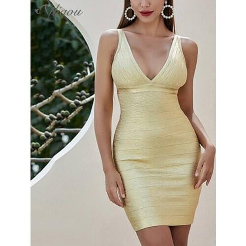 Ailigou High Quality Sleeveless Gold Print Bandage Dress Deep V-Neck Foiling Sexy Celebrity Bodycon Cocktail Party Club Dress
