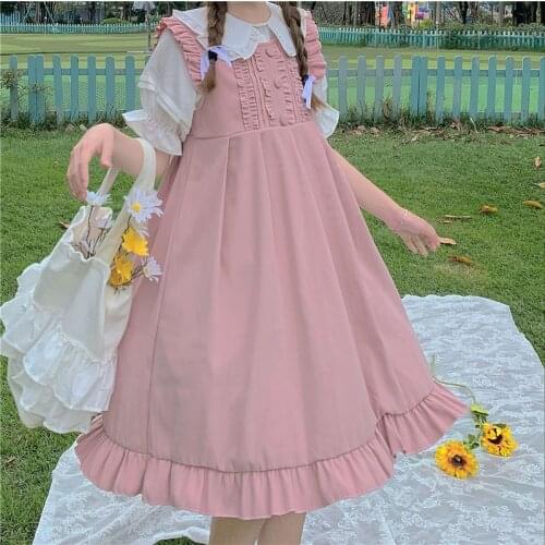 Japanese Summer Soft Girl Lolita Dress Kawaii Sleeveless Square Collar Ruffles Dress Sweety Cute Cosplay Party Suspenders Dress
