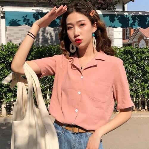 Women Summer Cotton Short Sleeve T-shirts Solid Color Weather Sign Embroidered with Pocket T-shirt Women 2021