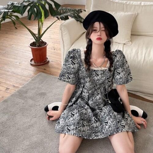 Womens Dresses Japanese Harajuku Vintage Ladies Ulzzang Print Square Neck Chic Dress Female Korean Kawaii Clothing For Women