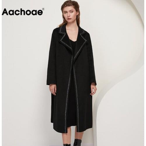 Aachoae Women Elegant 100% Wool Long Coat 2020 Winter Striped Long Sleeve Sashes Outwear Coats Turn Down Collar Black Overcoat